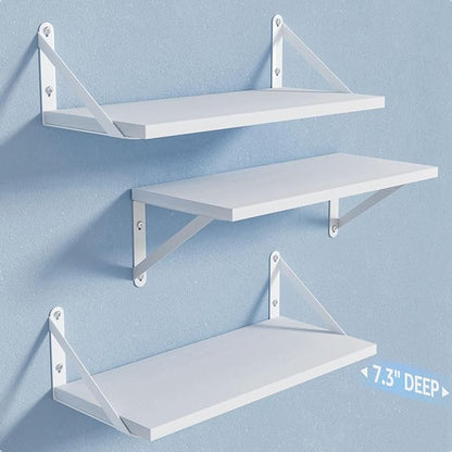 Wall Shelves 7.3" Deep Set of 3, Solid Paulownia Wood Wider Longer Sturdy Easy to Install Wall Mounted Bookshelves Storage Shelves Bathroom Storage Office Laundry Room Bedroom Organizer White