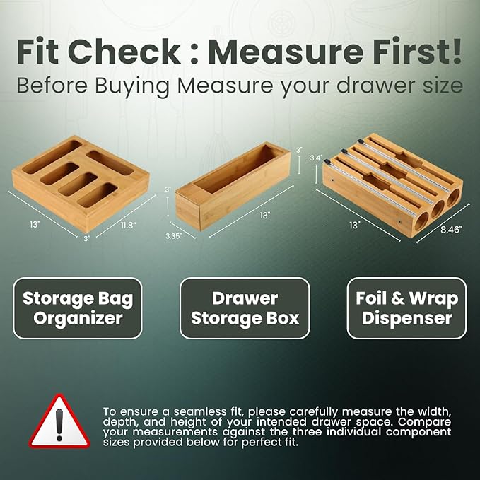 9 IN 1 Storage Bag Organizer for Kitchen Drawer, Bamboo Foil and Plastic Wrap with Cutter, Ziplock Bag Organizer for Gallon, Quart, Sandwich & Snack Bags - Aluminum Foil Organizer