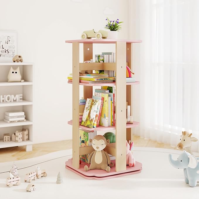 Costzon Kids Rotating Bookshelf, 360° Spinning 3-Tier Corner Bookshelf for Small Space w/12 Sectors, Floor Standing Bookcase Storage Rack, Wooden Narrow Bookcase for Kid's Room, Living Room, Daycare