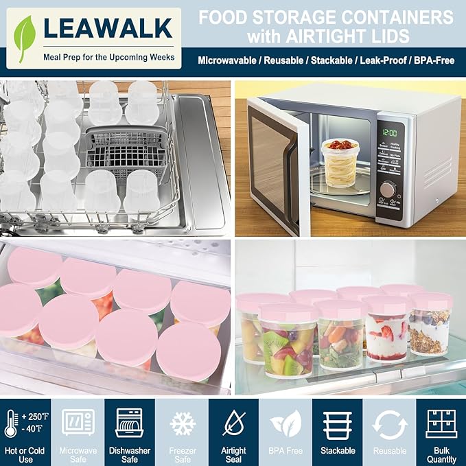 LEAWALK Twist Top Deli Containers, Plastic Soup Container With Lids,Freezer Food Storage BPA Free, Leak Proof, Stackable, Microwave Dishwasher Safe (Pink 16OZ-6Pack)