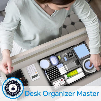 Desk Drawer Organizer, Office Drawer Divider Organizer Tray with 6 Compartments, Metal Mesh Desktop Organization and Accessories for Stationery Makeup Kitchen Toolroom School ＆Office, 12.6x8.27x1.6 in
