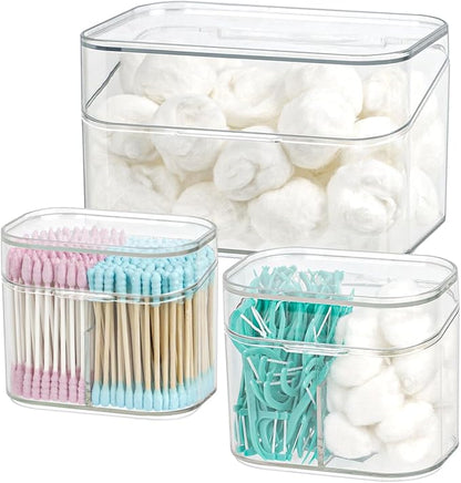 Clear Bathroom Organizer, 2-Size Essentials Set for Hail Accessories & Beauty Supplies,Cotton Swabs,Balls,Pads - Small Clear Plastic Canister Apothecary Jar Set, Vanity Makeup Storage Organizer (L+2S)