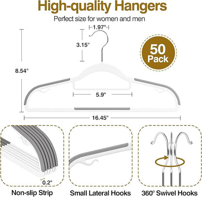UEAKPIC Plastic Hangers 50 Pack, 16.5 in Heavy Duty Clothes Hangers with 360° Swivel Hook, Non-Slip Bar & 0.2" Ultra-Slim Space-Saving Organizers for Coats, Pants, Suits, Shirts, White & Dark Gray