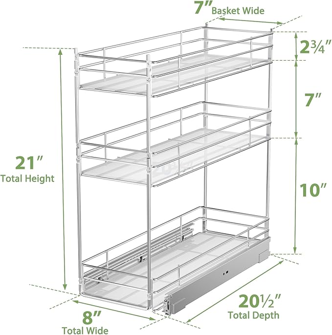 Pull Out Spice Rack Cabinet Organizer (8" W X 20½" D),3 Tier Slide Out Drawer for Narrow Cabinet, Pull Out Shelves Under Cabinet Storage for Kitchen