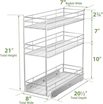 Pull Out Spice Rack Cabinet Organizer (8" W X 20½" D),3 Tier Slide Out Drawer for Narrow Cabinet, Pull Out Shelves Under Cabinet Storage for Kitchen