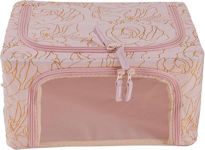 Periea Oxford Cloth Steel Frame Storage Boxes - Under-Bed or in Closet - Pack of 2 Compact Organizers (Metallic Floral Blush)