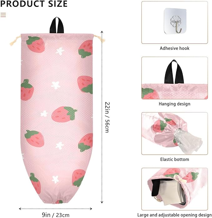 1 PC Plastic Bag Holder Wall Mount Grocery Bag Holder Shopping Bag Trash Bag Storage Organizer Dispenser for Kitchen Closet 22 x 9 Inch Strawberry Pink