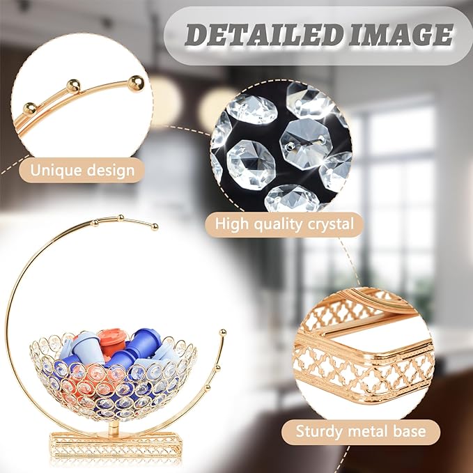 Metal & Crystal Coffee Pod Holder & Candy Basket - Elegant Multipurpose Storage Organizer for K Cups, Espresso Pods, Treats - Kitchen, Office, Home Bar (Gold, 1 PC)