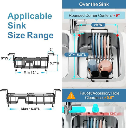 iSPECLE Small Sink Dish Drying Rack, Capacity Expandable Narrow Dish Drainer for RV Sink Apartment Kitchen with Utensil Holder, 12"-16.8" L x 9" W, Black