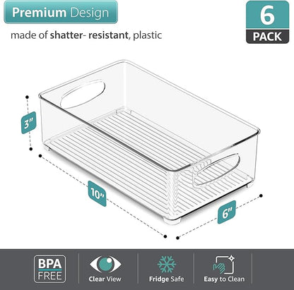 Sorbus Stackable Refrigerator Organizer Bins - Clear Storage Bins for Kitchen Pantry, Freezer & Fridge Organization - Food Organizing Plastic Containers with Handles for Countertops & Drawers (6 Pack)