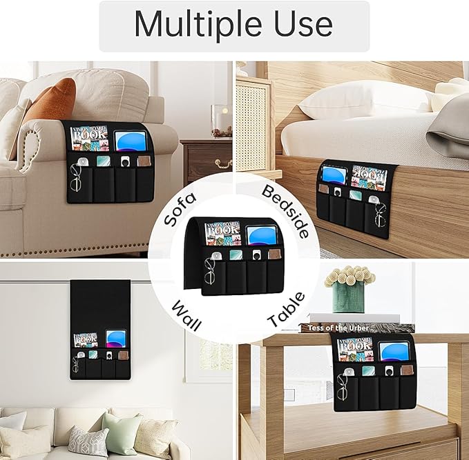 Guken Linen Armchair Caddy Remote Holder for Recliner Couch, Arm Chair Caddies Couch Remote Organizer Bedside Caddy with 6 Pocket Storage for Magazine, Tablet, Phone, iPad and More, Black