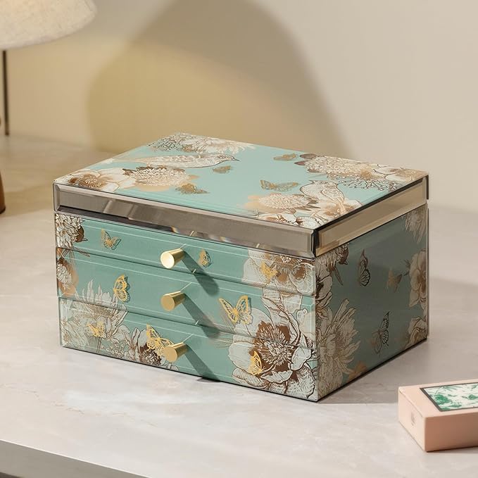 Homruilink High End Glass Jewelry Box - 3 Layer Jewelry Organizer - Velvet-Lined Case For Ring, Necklace, Earring, Bracelet Storage - Green Floral and Bird - Christmas Gifts For Women