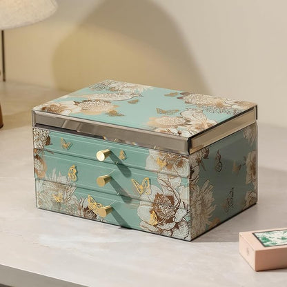 Homruilink High End Glass Jewelry Box - 3 Layer Jewelry Organizer - Velvet-Lined Case For Ring, Necklace, Earring, Bracelet Storage - Green Floral and Bird - Christmas Gifts For Women