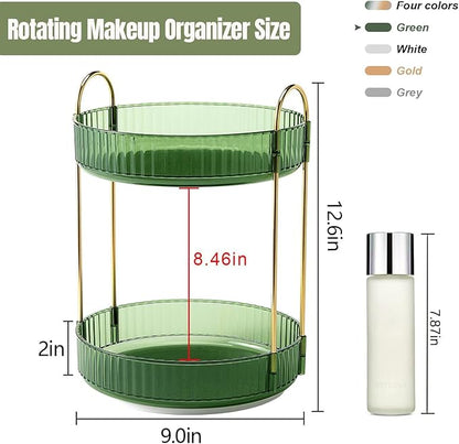 Weidace 360 Rotating Makeup Organizer for Vanity, Bathroom Countertop Spinning Perfume Organizer, High-Capacity Cosmetic and Skincare Dresser Make Up Holder Rack (2 Tiers, Green)