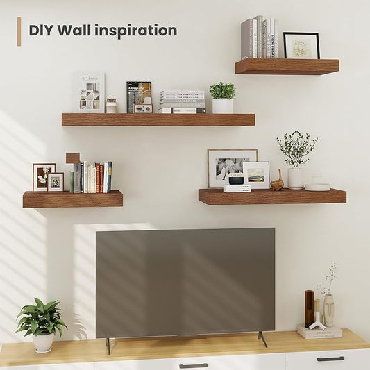 Heimlove 12" Deep Floating Shelves, 36 x 12 Inch Wall Mounted Long Floating Shelf with Invisible Brackets, for Home Decor, Bedroom, Kitchen, Living Room, Bathroom - 2 Pack, Walnut