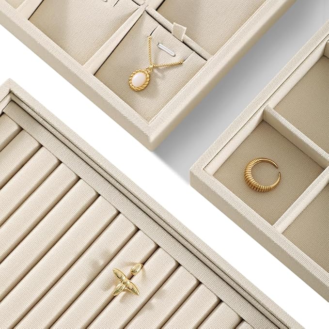 Dansmiy Linen 24 Grid Stackable Rings Earrings Display Tray, Brooch Ear Stud Cufflinks StorageTray, Jeweler Shop Counter Showcase Table Top Organizers, Makeup Table Drawer Insert Jewelry Tray