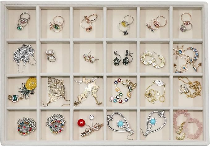 Stratalife Jewelry Organizer 24 Grid Drawer Organizer Jewelry Tray Stackable Jewelry Organizer for Drawer Earrings Storage Necklace Ring Bracelet Holder (Beige)