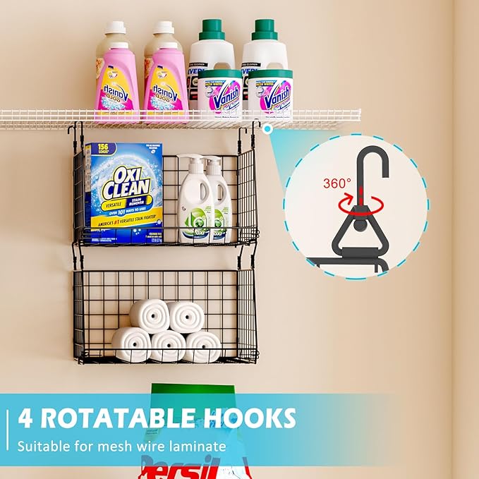 3-Pack Hanging Laundry Room Organizaton：Foldable Laundry Basket Wire Basket with 360°Rotating Hooks Small Space Organization Over Washer and Dryer Shelves - Hanging Closet Organizer, Black Patent