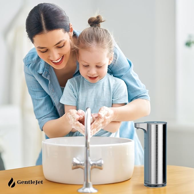 GentleJet EasyFoam Automatic Foaming Soap Dispenser - Touchless Motion Sensor, Rechargeable USB-C, 2 Foam Levels, Stainless Steel, IPX5, 9.5oz Hand Soap Dispenser for Bathroom & Kitchen (Silver)