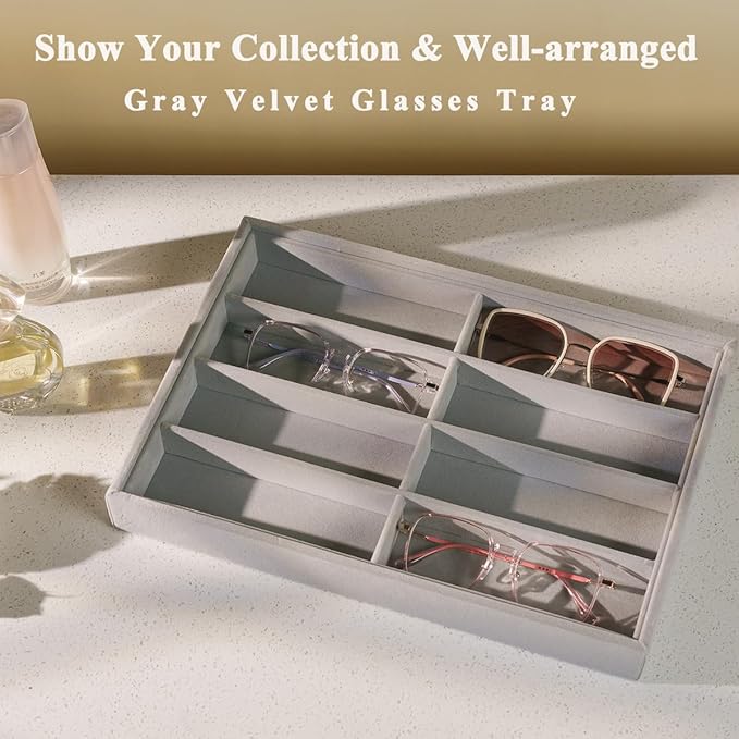 XHMQYC Glasses Holder Box Drawer Sunglass Organizer for Men Clear Wide Storage Case 8 Slots Multiple Reading Glasses Display, Gray Velvet