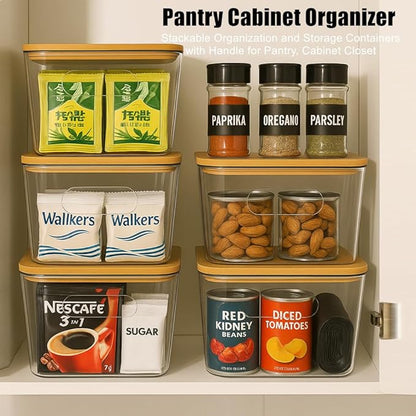 6 Pack Clear Storage Bins with Bamboo Lids, Stackable Organization and Storage Containers with Handle for Pantry, Cabinet, Closet, Fridge, Bathroom, Organizer Bins for Home & Kitchen