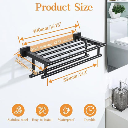 Alise Towel Rack for Bathroom Wall Mount,Bathroom Towel Holder Double Towel Bars with Shelf,16 Inch SUS304 Stainless Steel Towel Hanger for Bathroom Walls,Matte Black
