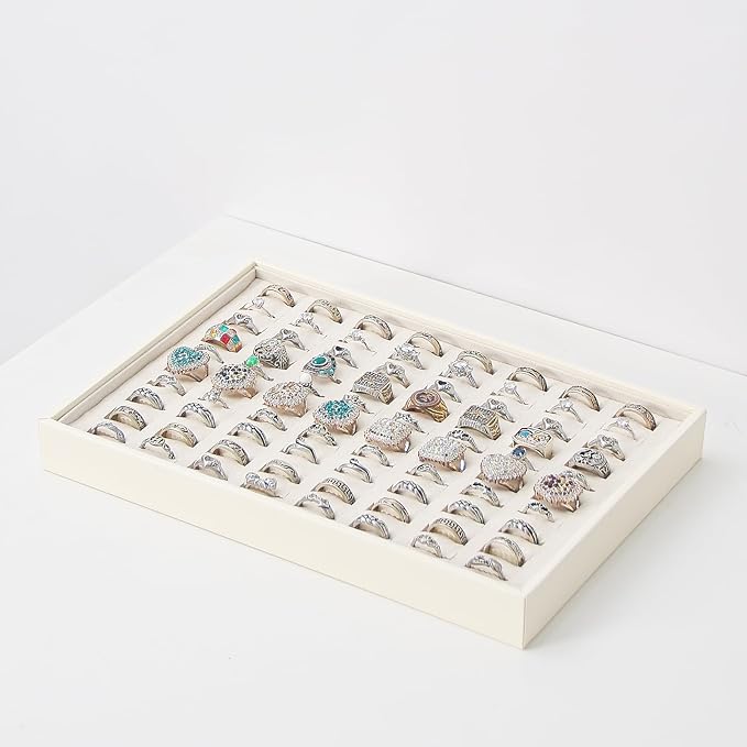 Stackable Jewelry Organizer Tray For Drawers,White Leather Small Earring Storage Tray,Bracelet And Necklace Display Box,Jewelry Ring Display Case (Creamy White 80 Grids Ring)