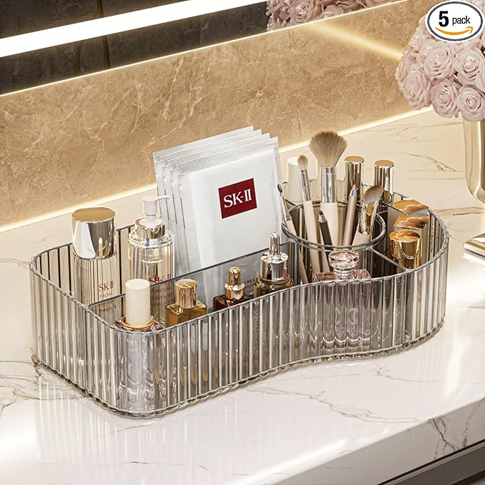 BVGDGSD Makeup Organizer Countertop for Vanity Acrylic Skincare Storage and Make up Organization for Desk,Cosmetic Display Case and Makeup Brush Holder for Bathroom,5 Compartments（1PC,Grey）