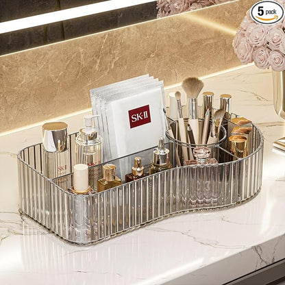 BVGDGSD Makeup Organizer Countertop for Vanity Acrylic Skincare Storage and Make up Organization for Desk,Cosmetic Display Case and Makeup Brush Holder for Bathroom,5 Compartments（1PC,Grey）