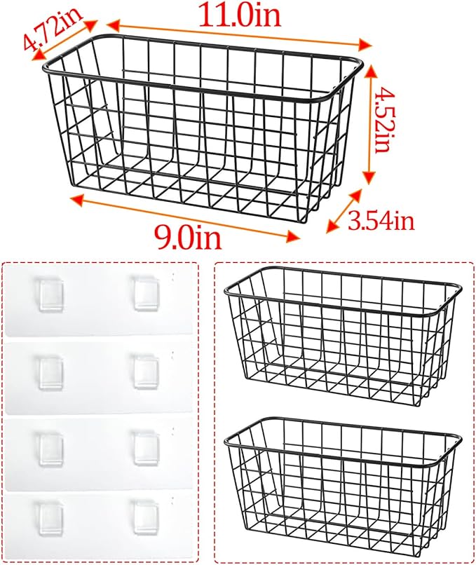 Black Hanging Wall Baskets,Adhesive Wire Wall Storage Baskets for Pantry and organizer, Kitchen onion Food photo Bathroom,inside cabinet organizing,No Drilling Wall Mounted Basket,2 Pack