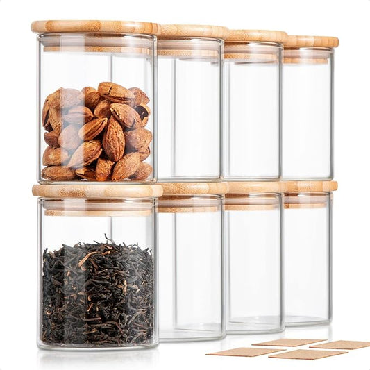 12 FL Oz Glass Jars with Bamboo Lid Set, 8Pack UPGRADE Clear Food Storage Canisters Kitchen Pantry Containers, for Spice Herb Nuts Tea Seed Seasoning Dry Foods Bean Sugar Snack Candy