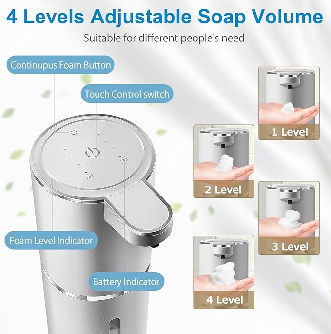 Gotofine Automatic Foaming Soap Dispenser,4-Level Adjustable Foam, Wall Mount, USB Rechargeable,12.8oz/ 380ml,Touchless Hand & Dish Soap Dispenser for Bathroom, Kitchen,Hotel, Restaurant