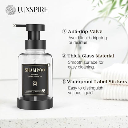 Luxspire Foaming Soap Dispenser, Glass Foam Pump Soap Dispenser, Non-Slip Hand Soap Dispenser with 5 Waterproof Labels, 15 Oz Refillable Liquid Soap Dispenser for Bathroom & Kitchen, Clear, 2 Pack