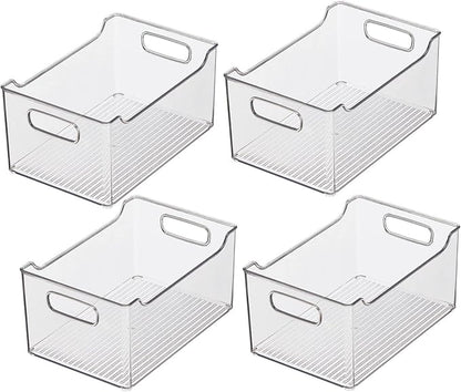 mDesign Plastic Storage Organization Bin with Handles for Kitchen Cabinet, Pantry, Shelf, Fridge/Freezer - Home Organizer for Fruit, Potatoes, Onions, Drinks, Snacks, Pasta - 4 Pack - Clear