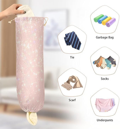 2 PCS Plastic Bag Holder Wall Mount Grocery Bag Holder Shopping Bag Trash Bag Storage Organizer Dispenser for Kitchen Closet 22 x 9 Inch Shimmer Pink