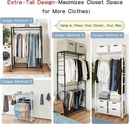 lumizone Folding Clothing Rack with Wheels Expandable Wardrobe Portable Clothes Rack for Hanging Clothes Adjustable Closet Shelves Garment Rack Durable Closet Racks for Hanging Clothes (Pro Black)