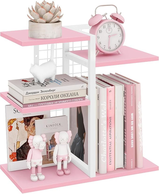 ELITEROO Desktop Bookshelf, Tiered Desk Organizer Shelf, Wooden Tabletop Bookshelf Small Desk Book Shelf, Dresser Top Organization Storage Rack and Desk Decorations for Women Office, Pink