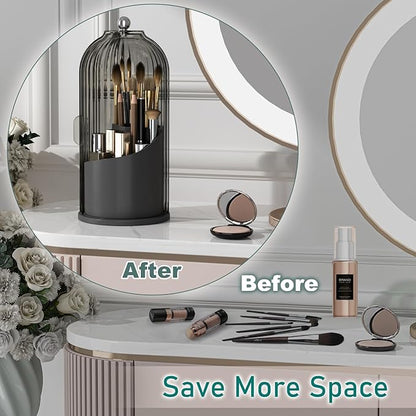 GAXmi Makeup Brush Holder with Lid Cosmetic Tools Organizer 360 Rotating Waterproof Dustproof Beauty Brushes Storage for Vanity, Black-Grey