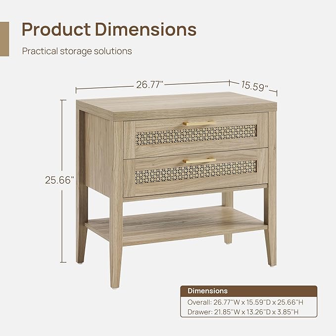 SICOTAS Night Stand Set 2 - Large Nightstands Sets of 2 with Drawers and Shelf, Rustic Bedside Table for Bedroom, Mid Century Modern Nightstand, 25.7" Tall Side End Table (Light Walnut, 2 Pieces)