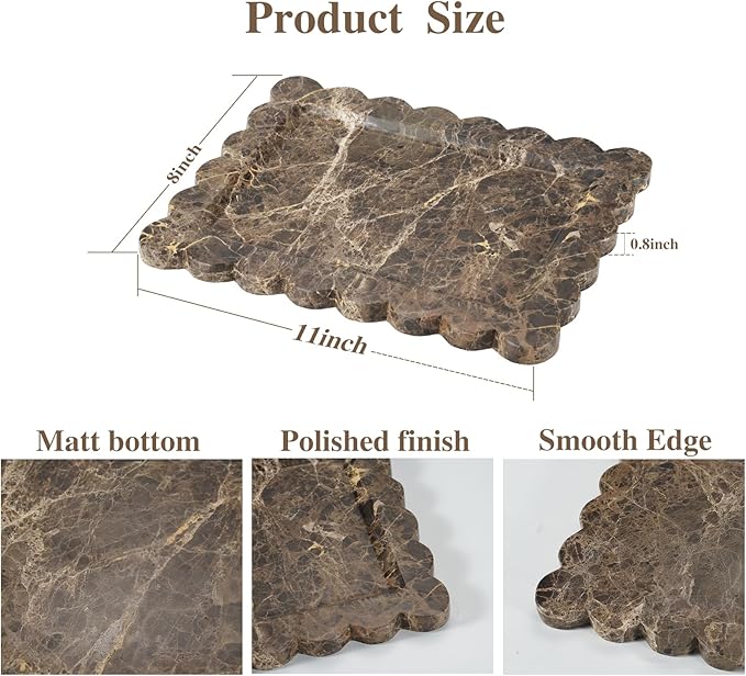 Rectangle Marble Tray with Scalloped Edge, Dark Brown Decorative Tray for Bathroom Vanity, Kitchen Counter, Dresser Top Organizer, Perfume Jewelry Holder, 11x8 Inch Natural Stone Home Décor