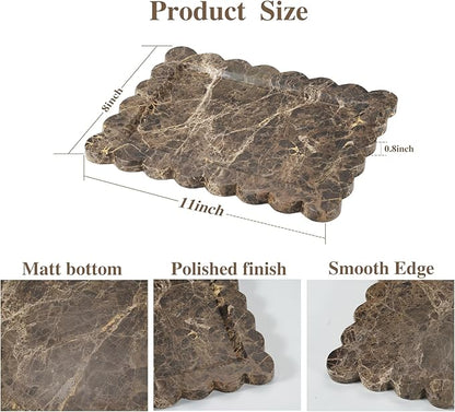 Rectangle Marble Tray with Scalloped Edge, Dark Brown Decorative Tray for Bathroom Vanity, Kitchen Counter, Dresser Top Organizer, Perfume Jewelry Holder, 11x8 Inch Natural Stone Home Décor