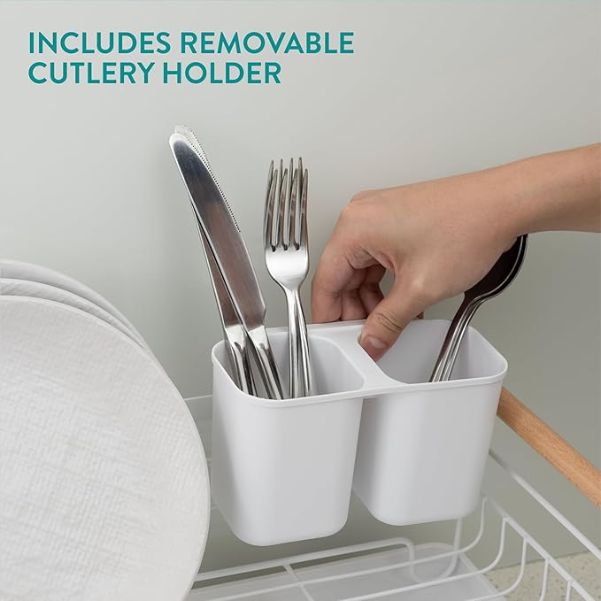 Navaris Dish Drainer Rack with Wooden Handle - Metal Draining Board with Drip Tray - Plate Drying Rack with Utensil Holder - Washing Up Drainers for Kitchen Sink - White