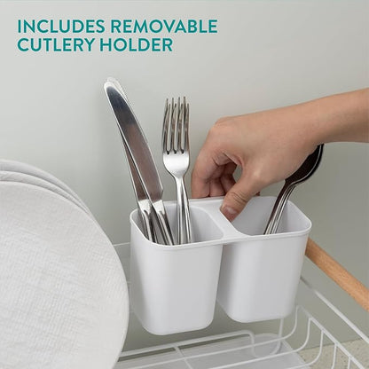 Navaris Dish Drainer Rack with Wooden Handle - Metal Draining Board with Drip Tray - Plate Drying Rack with Utensil Holder - Washing Up Drainers for Kitchen Sink - White