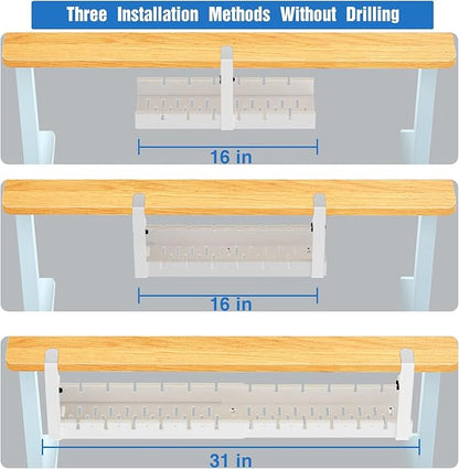 No Drilling Under Desk Cable Management, Metal Cable Management Tray Under Desk with Clamp, Retractable Power Strip Cord Holder for Wire Management 31Inch (2 Pack White)