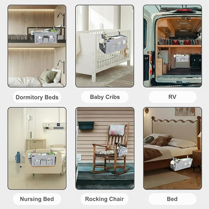 Surblue Bedside Organizer with Hook Bedside Caddy Hanging Storage Bag with Adjustable Straps and Water Bottle Holder for Home College Dorm Bunk Bed Accessories, Hospital Bed,Lightgrey