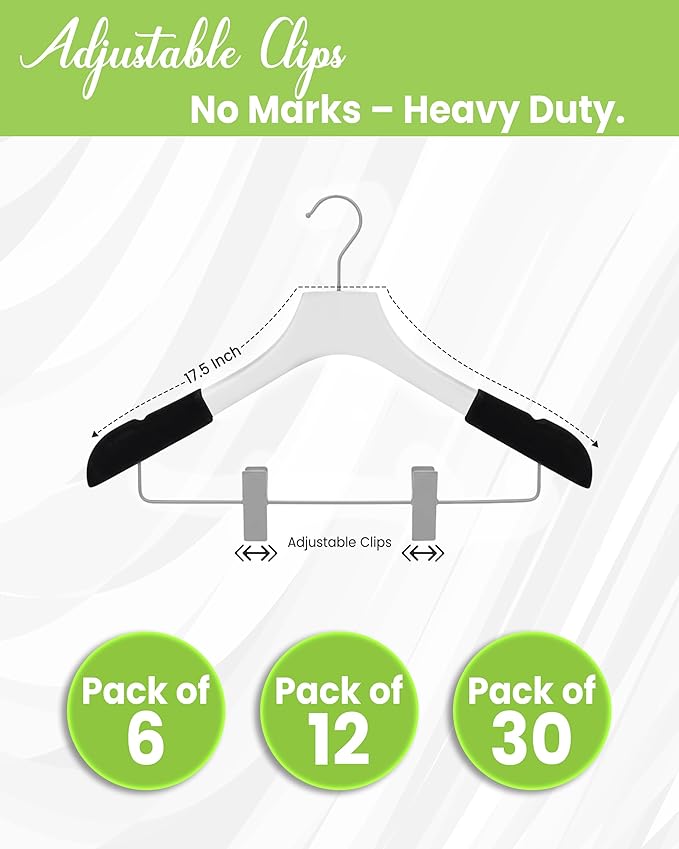 All Hung Up Hangers - Wooden Hangers with Clips for Women, Solid Wood Skirt & Suit Hangers, Heavy-Duty Adjustable Non-Slip Design with Velvet Grip, White with Black Velvet, 12 pcs