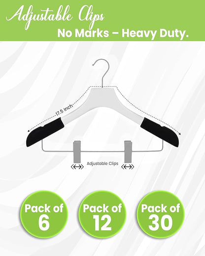 All Hung Up Hangers - Wooden Hangers with Clips for Women, Solid Wood Skirt & Suit Hangers, Heavy-Duty Adjustable Non-Slip Design with Velvet Grip, White with Black Velvet, 12 pcs