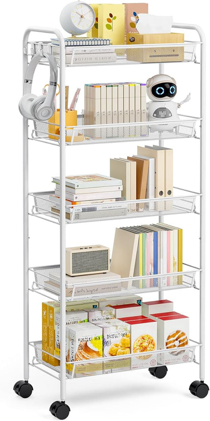 TOOLF 5-Tier Rolling Cart, Metal Utility Cart with 3 Hooks, Easy Assemble Mobile Storage Trolley On Wheels, Metal Shelving Units Kitchen Bathroom Laundry Room