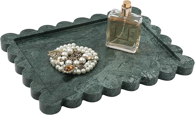 Faticdorr Natural Marble Scalloped Tray 10.8" x 8", Marble Vanity Tray for Jewelry Trinket Cosmetics Perfume Candle, Luxury Decorative Trays for Bathroom Kitchen Dresser Countertop, Green