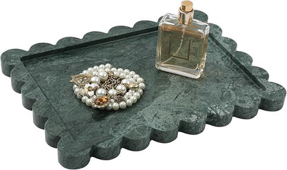 Faticdorr Natural Marble Scalloped Tray 10.8" x 8", Marble Vanity Tray for Jewelry Trinket Cosmetics Perfume Candle, Luxury Decorative Trays for Bathroom Kitchen Dresser Countertop, Green